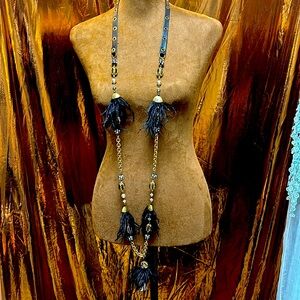 Erickson Beamon designer leather ostrich feathers, rhinestone onyx long necklace